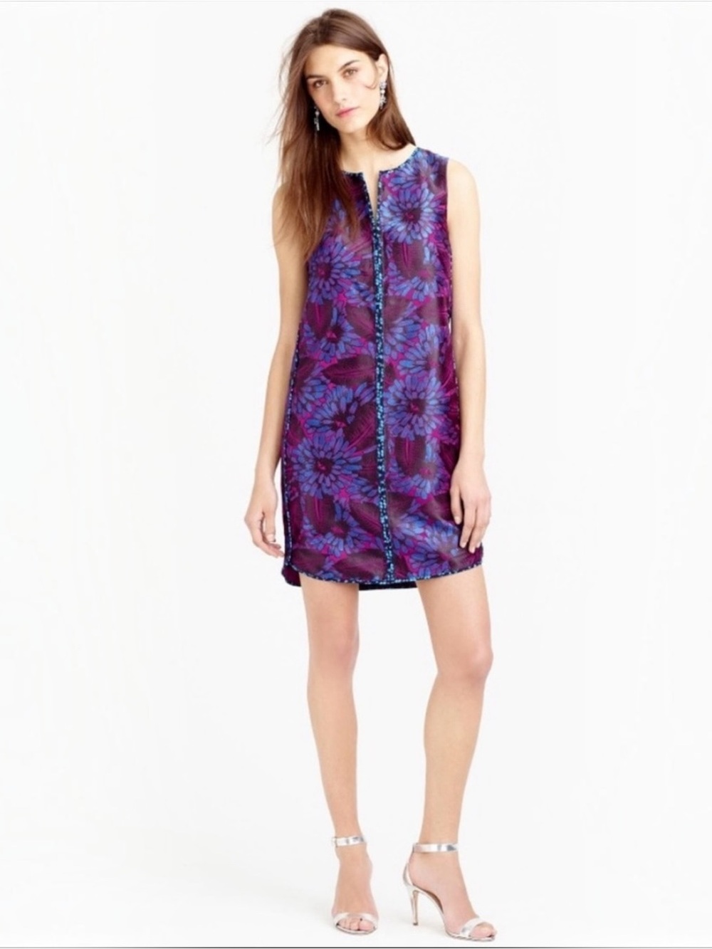 J. Crew Metallic Purple Blue Floral Shift Dress - Size 4